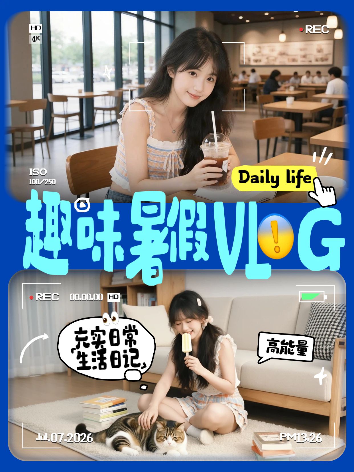 实景风蓝色黄色通用类交流分享趣味寒假vlog小红书封面