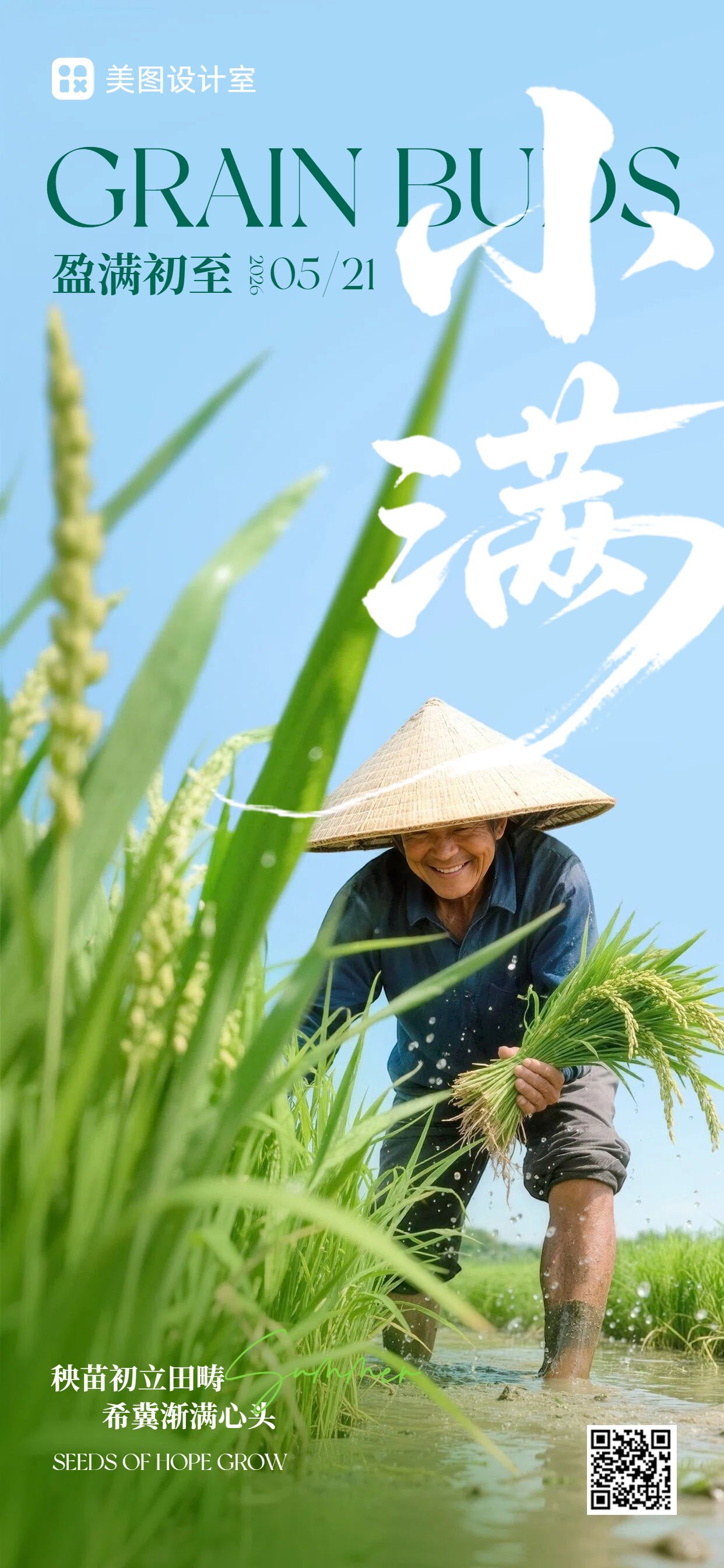 实景风黄绿色通用类小满祝福问候手机全屏海报