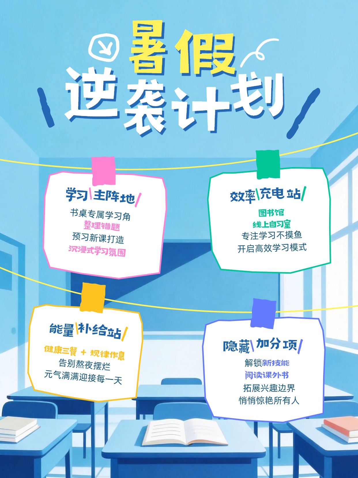 简约拼贴风蓝色通用类交流分享暑假学习计划打卡贴小红书封面