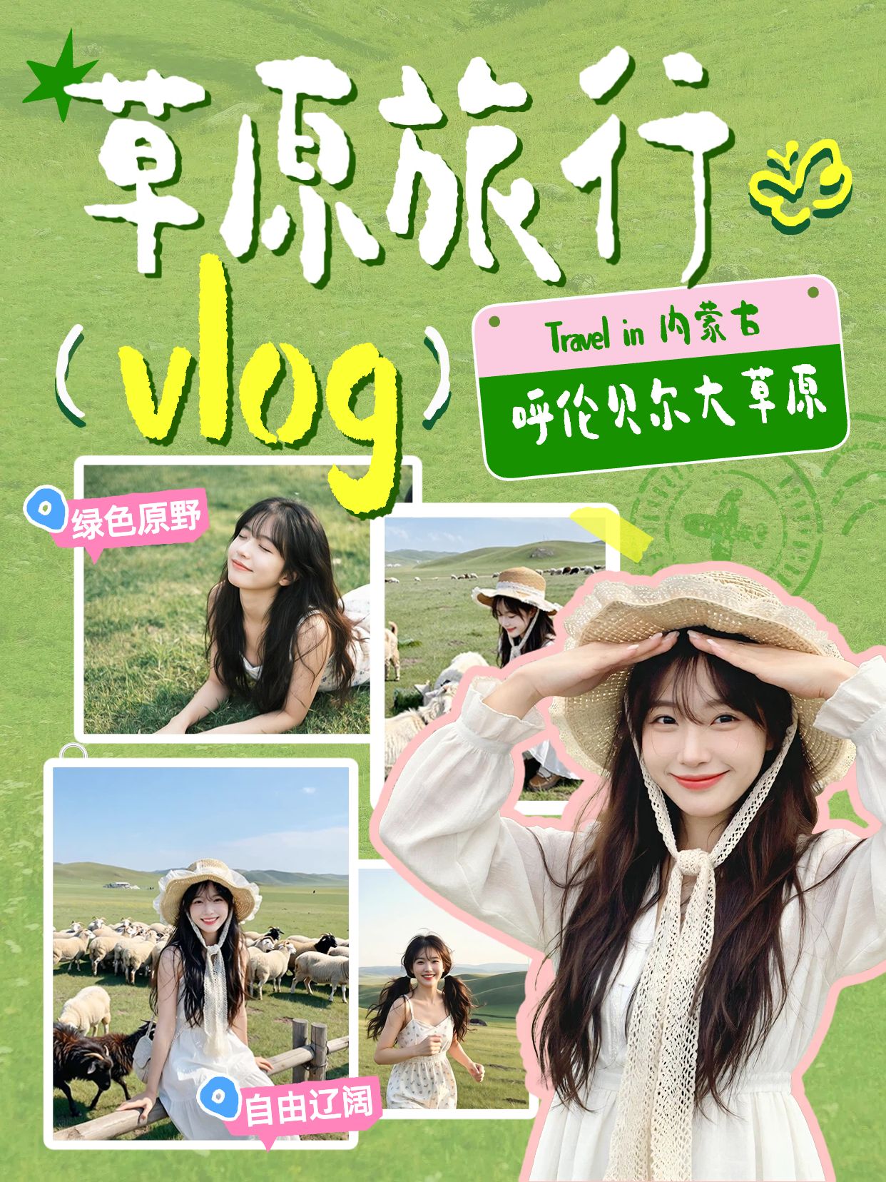 拼贴风黄绿色通用类交流分享旅行vlog小红书封面