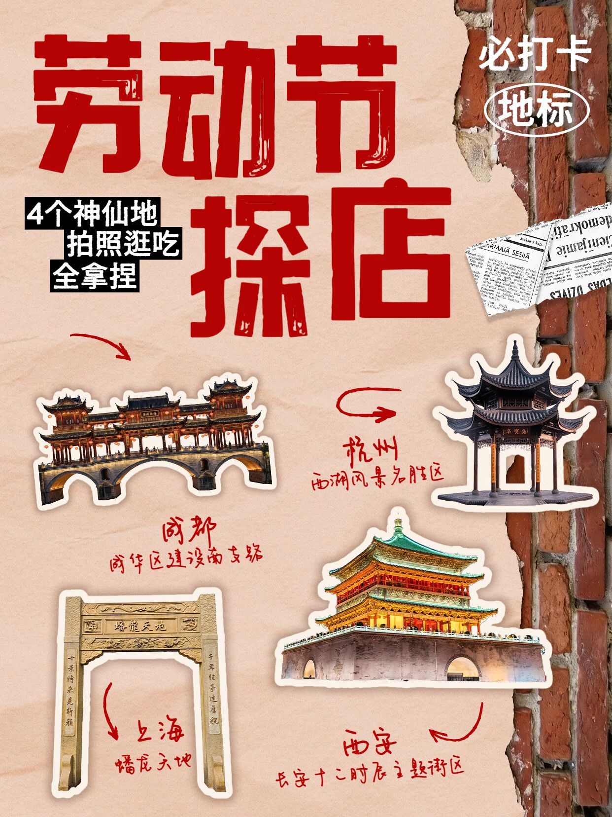 卡通拼贴风橙红色旅游打卡劳动节探店必打卡地标小红书封面