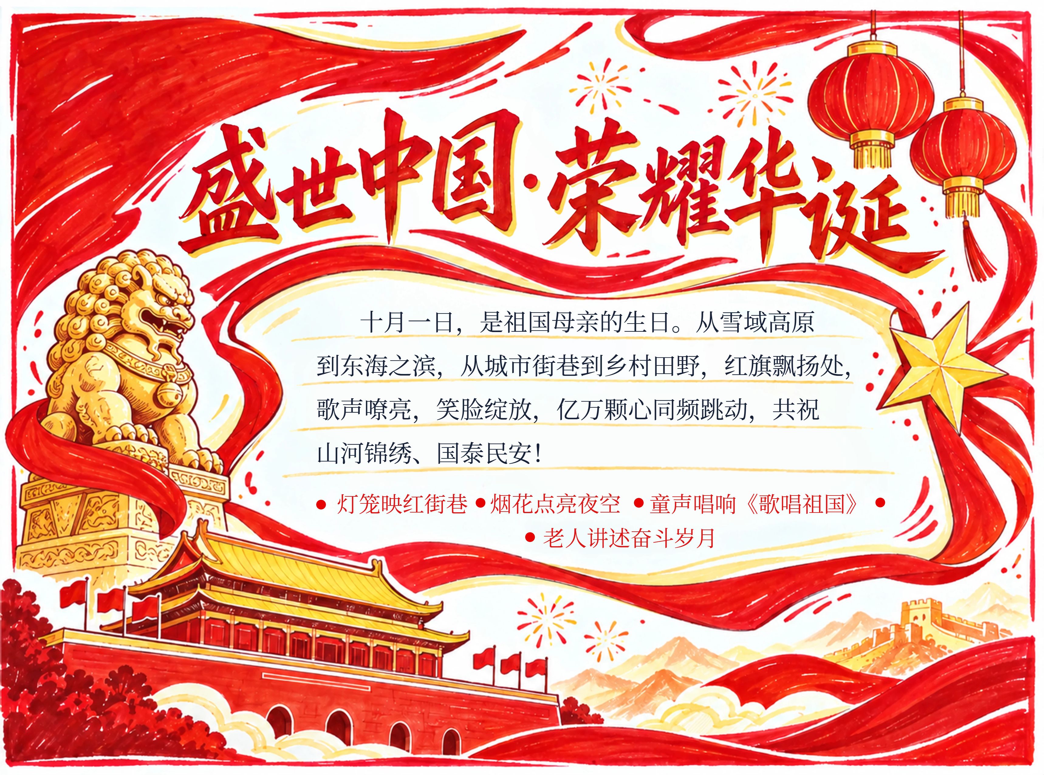 卡通风红色学生素材国庆节通用类手抄报
