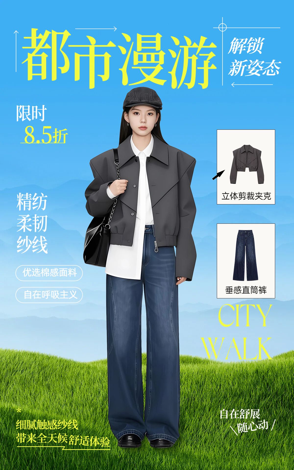 简约时尚风蓝色营销带货鞋服箱包产品电商竖版海报