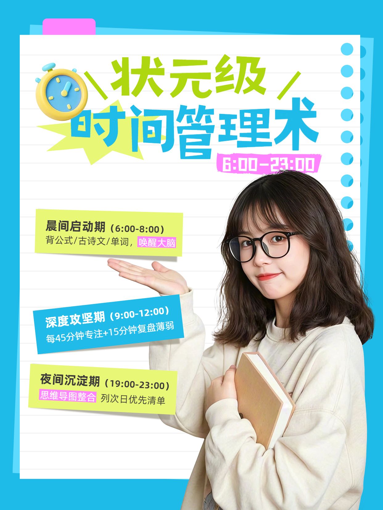 拼贴风黄色蓝色交流分享高考状元的作息规划法小红书封面