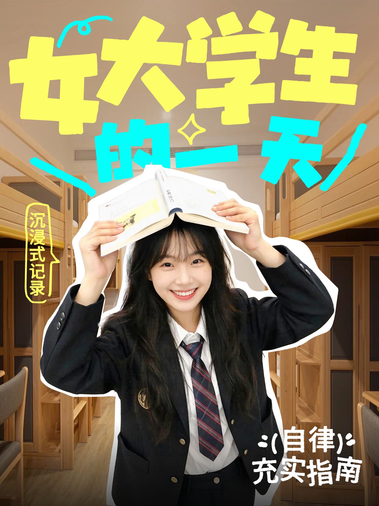 拼贴实景风棕色通用类交流分享女大学生的一天小红书封面