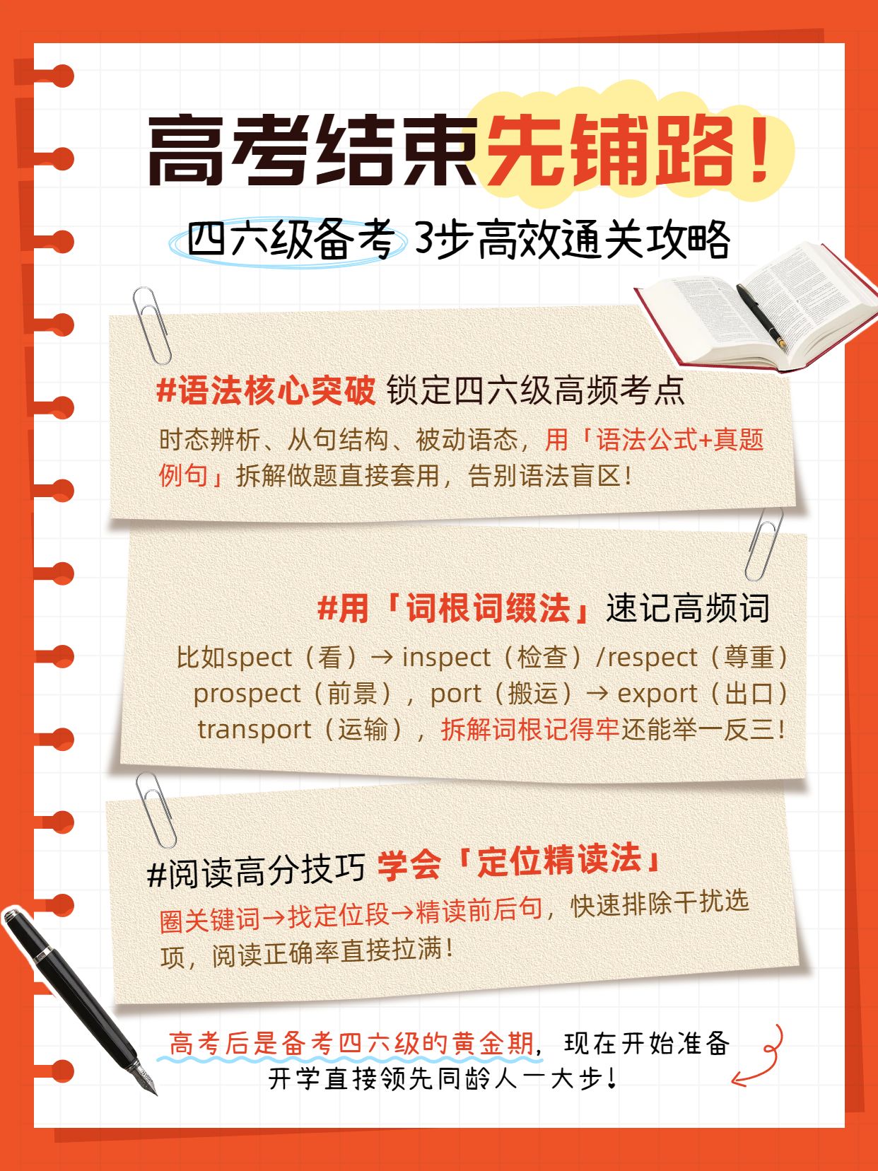 简约风橙色交流分享四六级语法/词汇/阅读一次讲清小红书封面