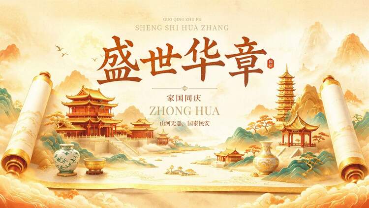 中国风插画黄色国庆节通用类祝福问候横版海报