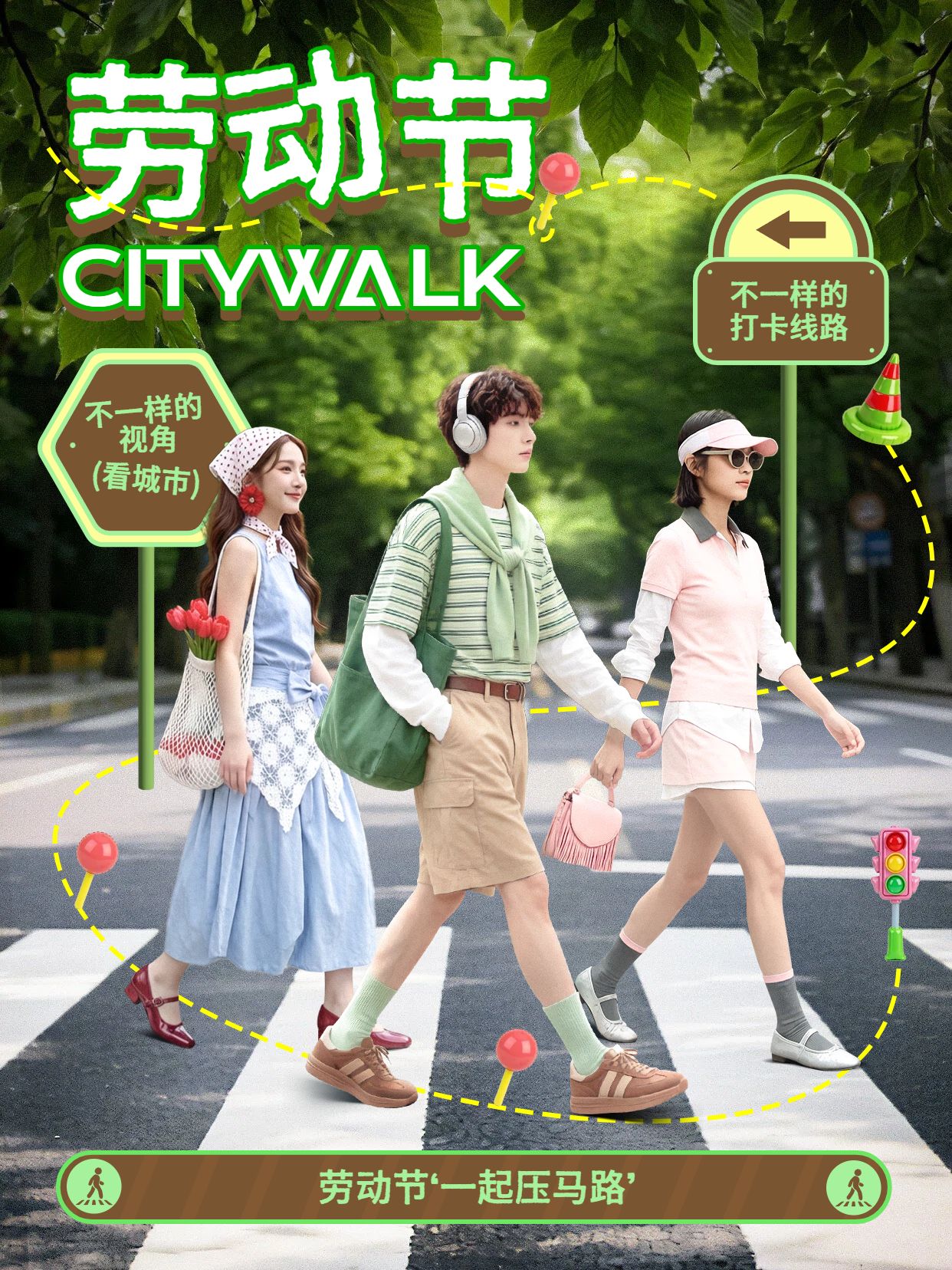 实景风黄绿色交流分享劳动节Citywalk打卡玩法小红书封面