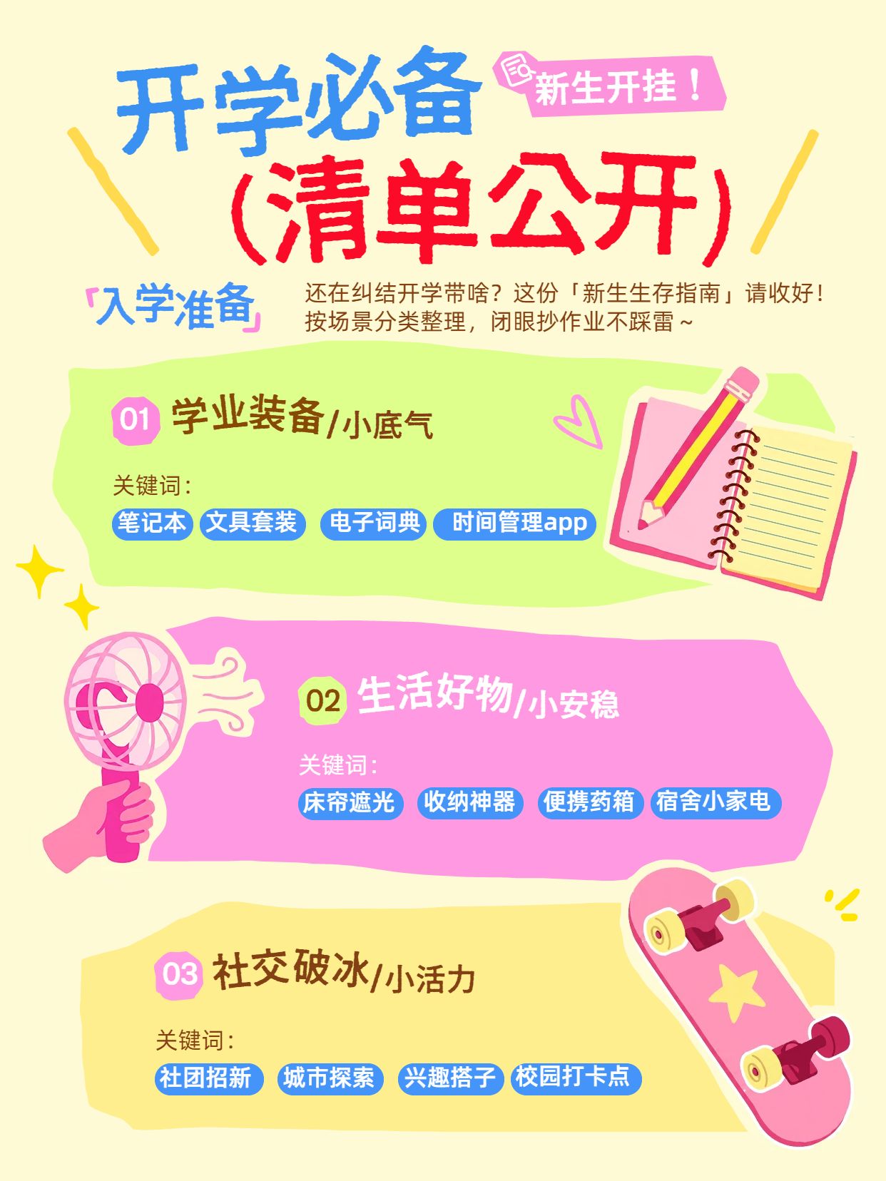 卡通风黄色通用类交流分享开学季新生必备清单小红书封面