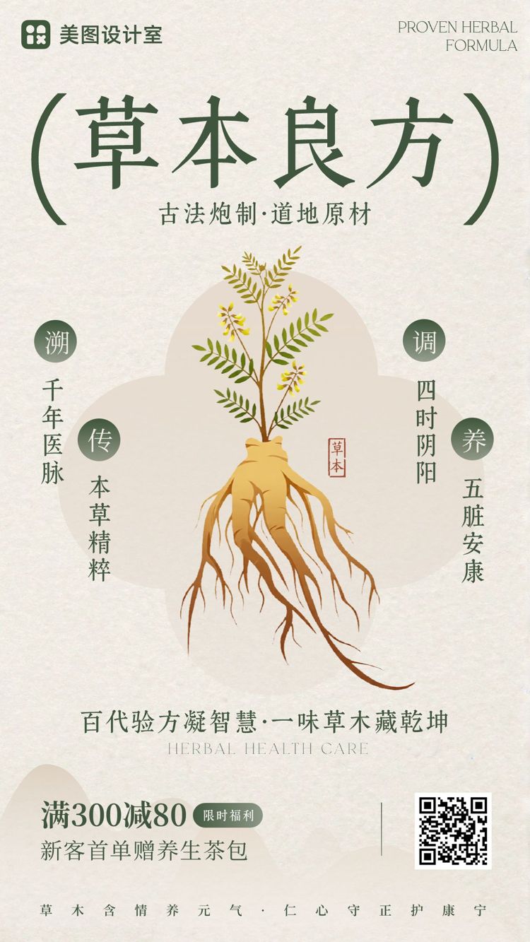 手绘风黄绿色医疗保健类营销带货中药知识科普营销手机海报