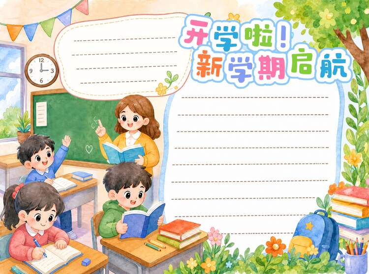 卡通插画风黄色绿色通用类学生素材开学季手抄报