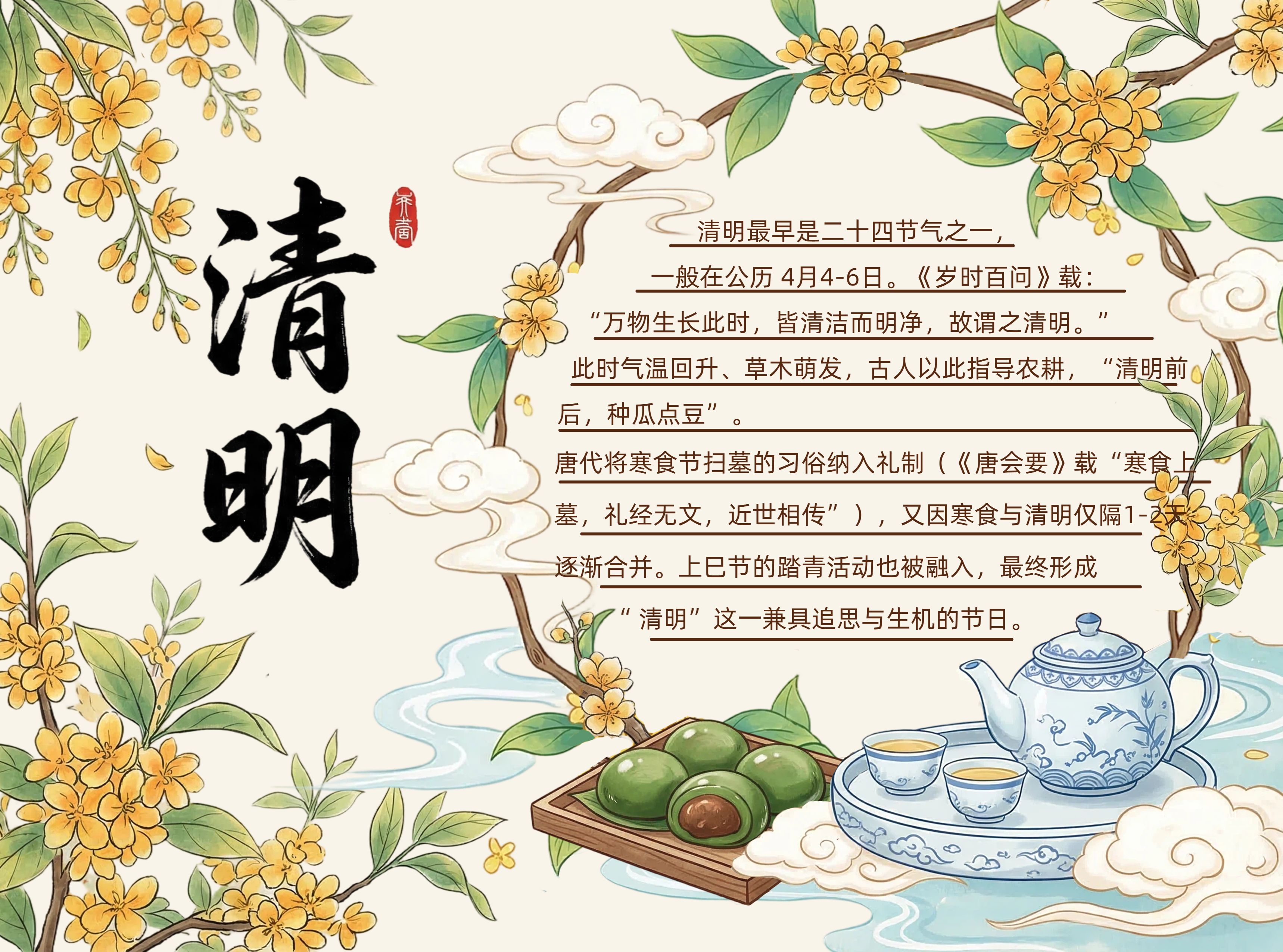 手绘风黄色通用祝福问候清明节手抄报