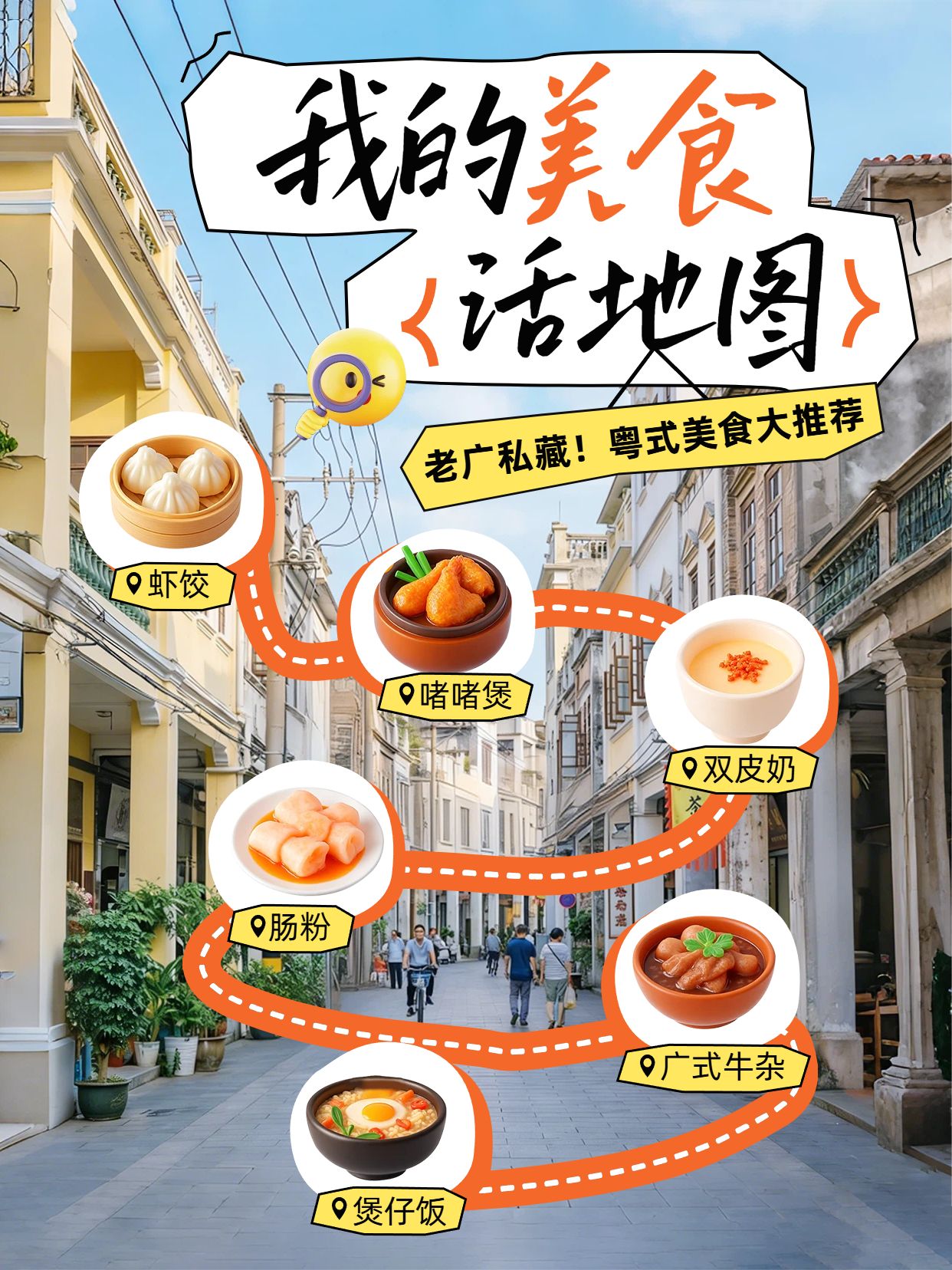 拼贴风橙色旅游出行交流分享我的美食活地图小红书封面