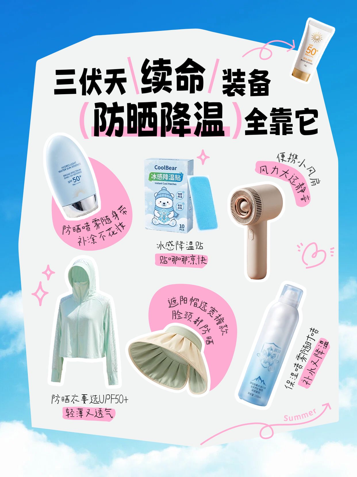 简约拼贴风蓝色交流分享三伏天防暑防晒好物推荐小红书封面