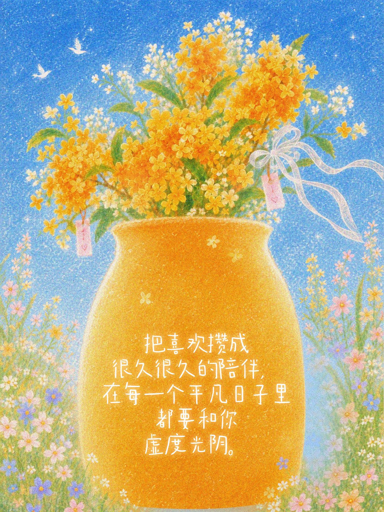 文艺风插画橙黄色通用类七夕情人节金句语录小红书封面
