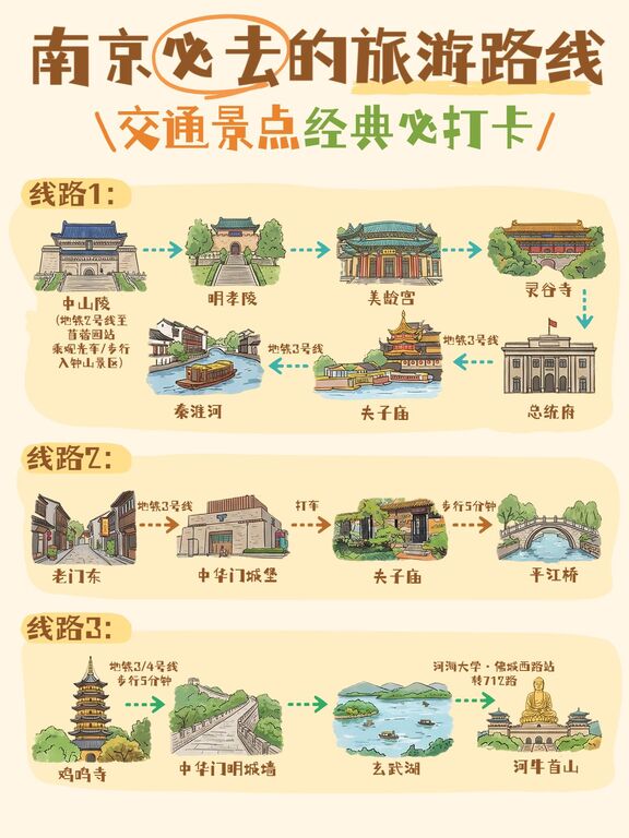 插画风黄色旅游出行交流分享南京必去的旅游路线小红书封面