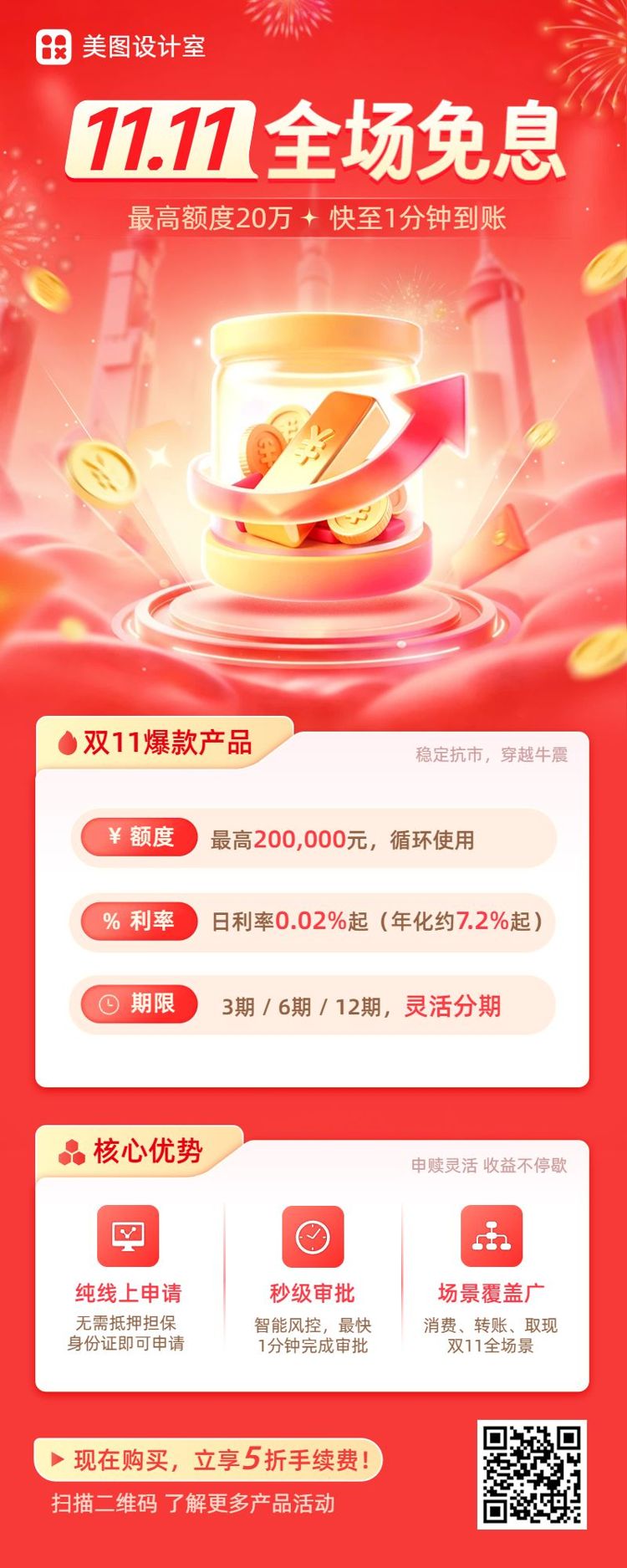 商务风红色金融保险类双11金融营销带货长图海报