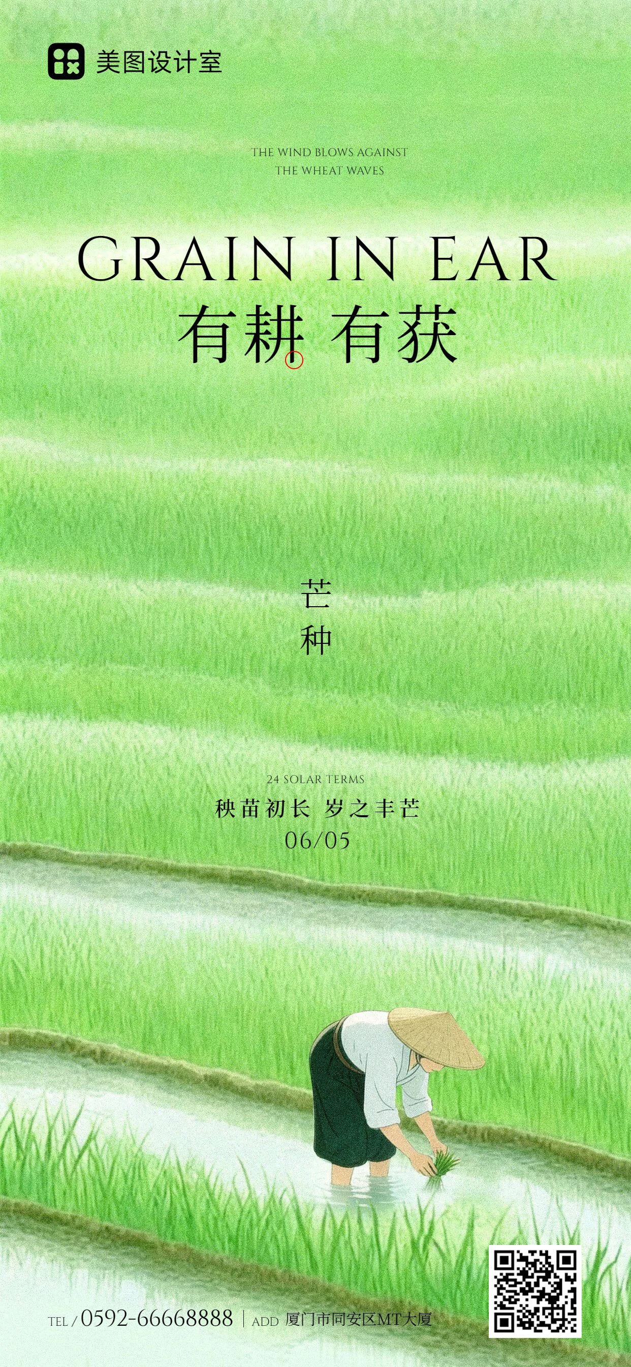 清新插画风绿色通用类芒种祝福问候手机全屏海报