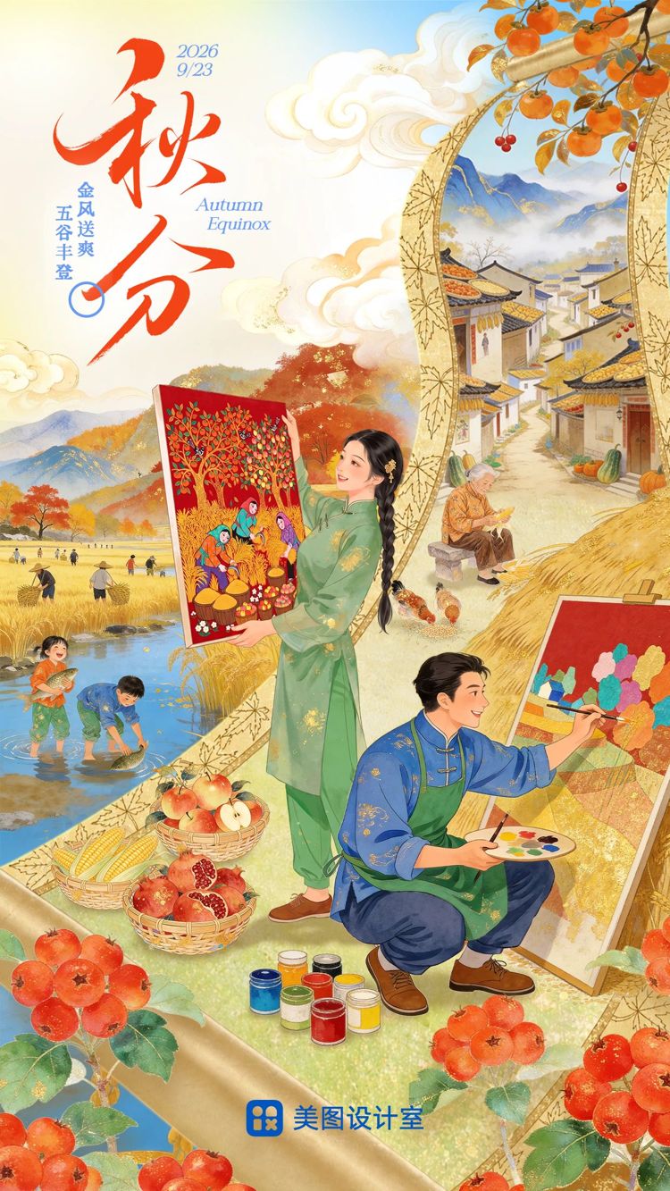 中国风红色黄色通用秋分问候祝福
