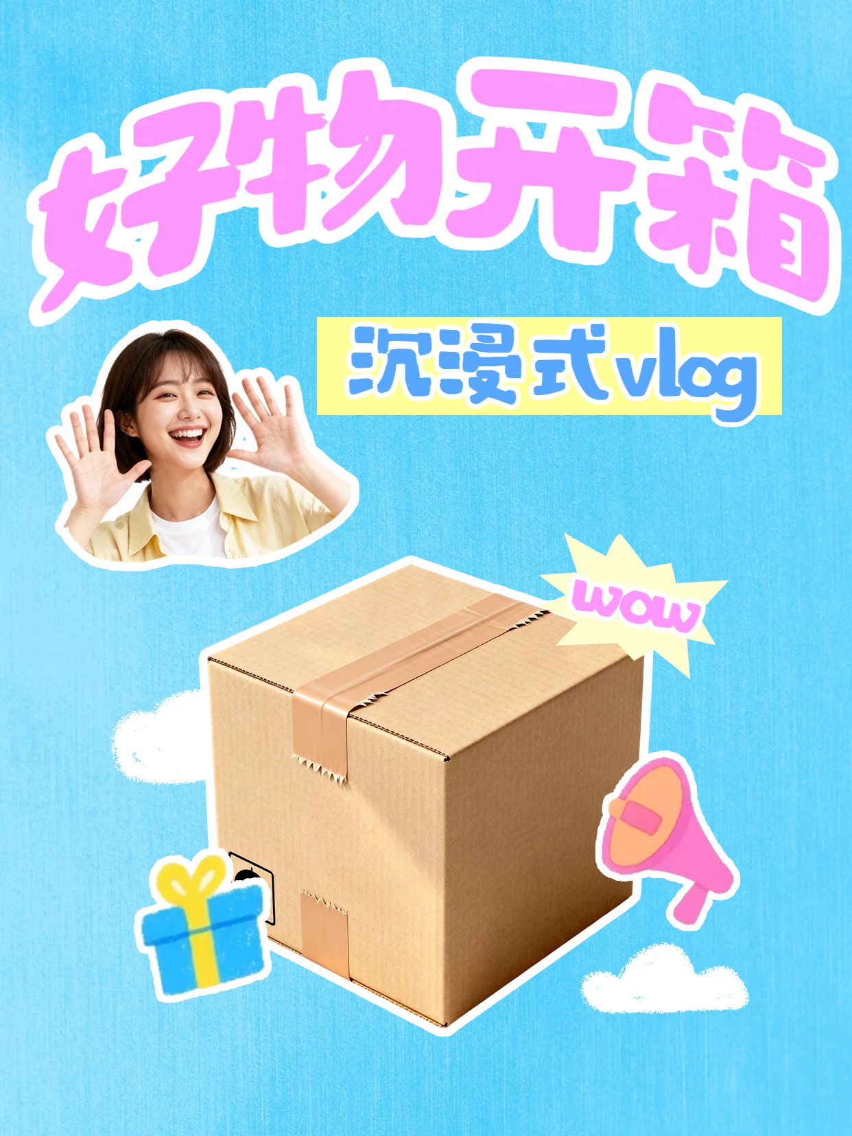 可爱风蓝色通用交流分享沉浸式好物开箱vlog小红书视频封面