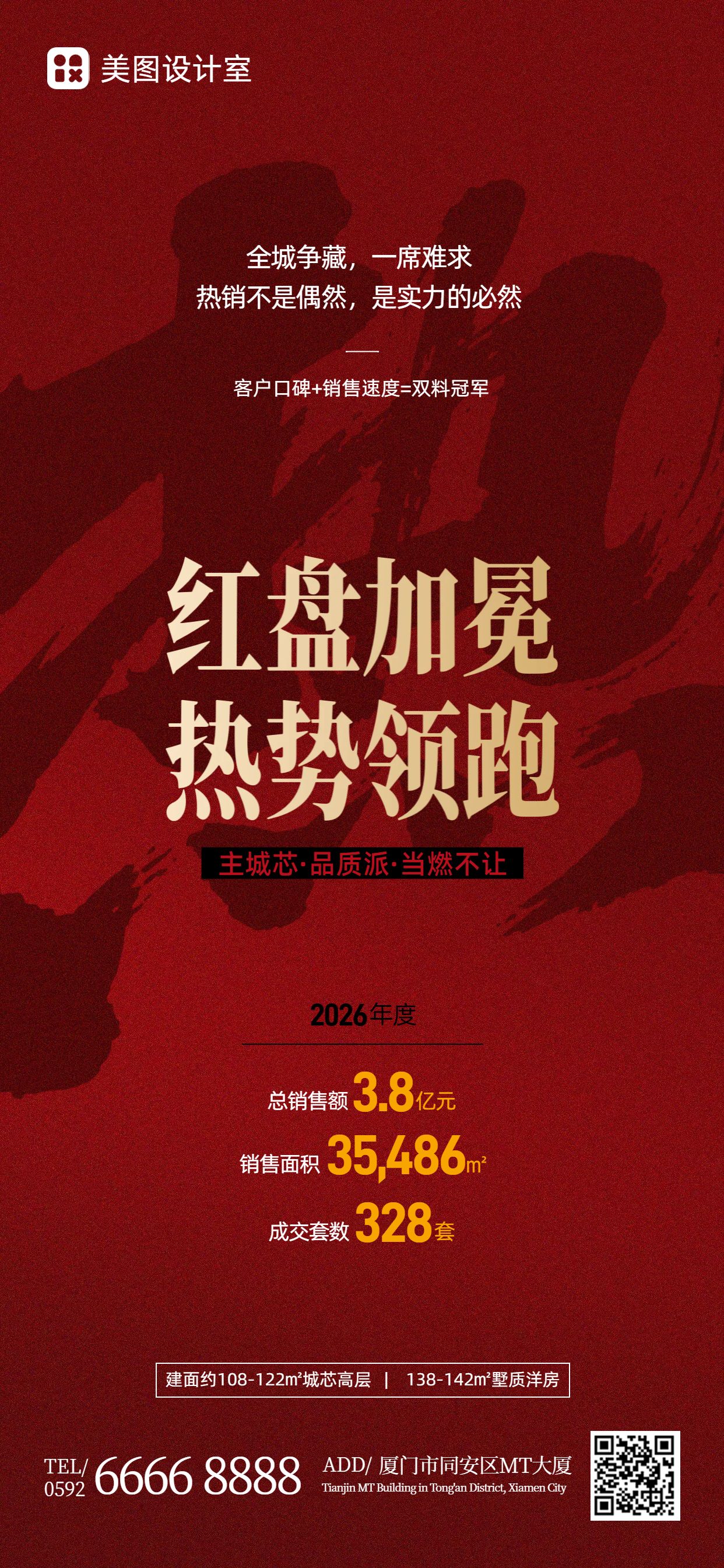 简约喜庆风红色地产类喜报表彰手机全屏海报