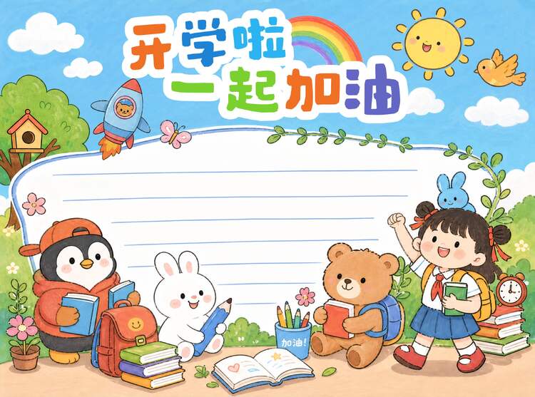 卡通插画风蓝色黄色通用类学生素材开学季手抄报