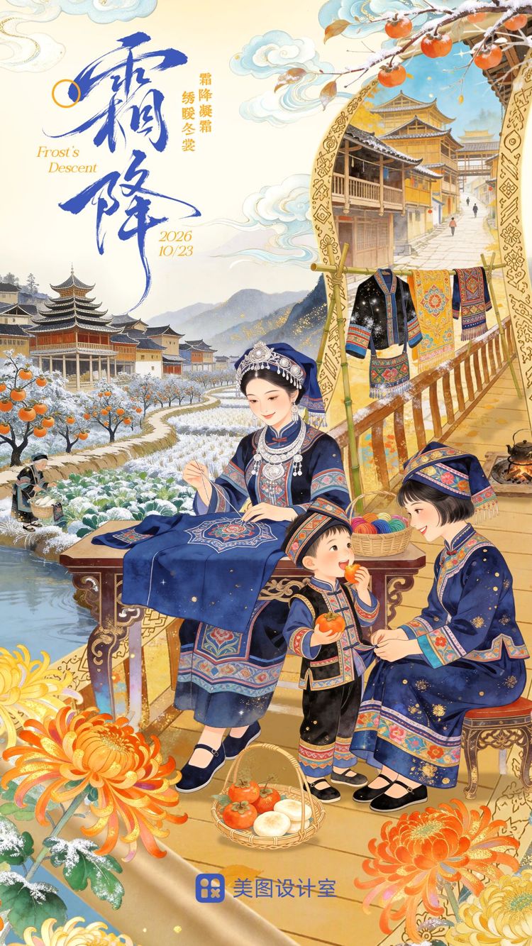 中国风蓝色黄色通用霜降节气祝福问候