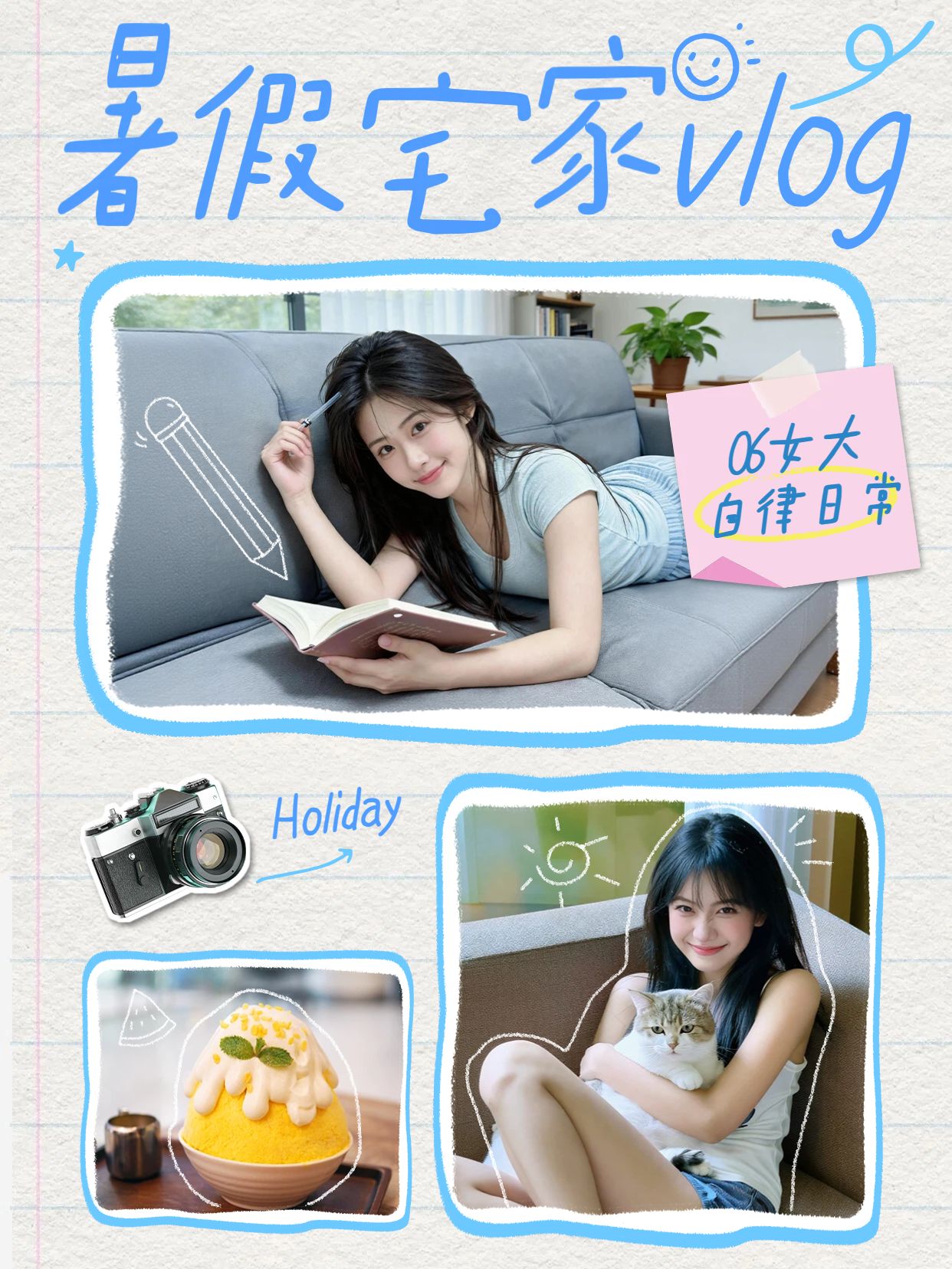 简约时尚风蓝色通用类寒假宅家vlog小红书封面