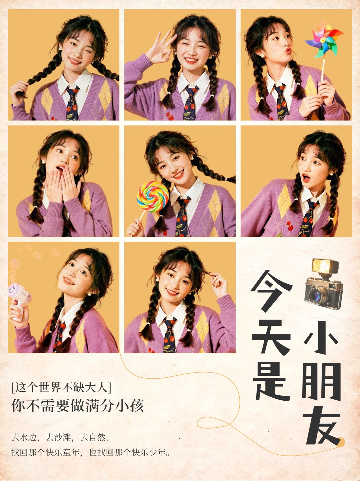 简约时尚风黄色通用类儿童节晒照分享拼图晒照