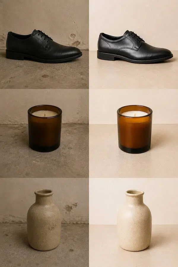 leather shoe candle ceramic vase batch retouch comparison