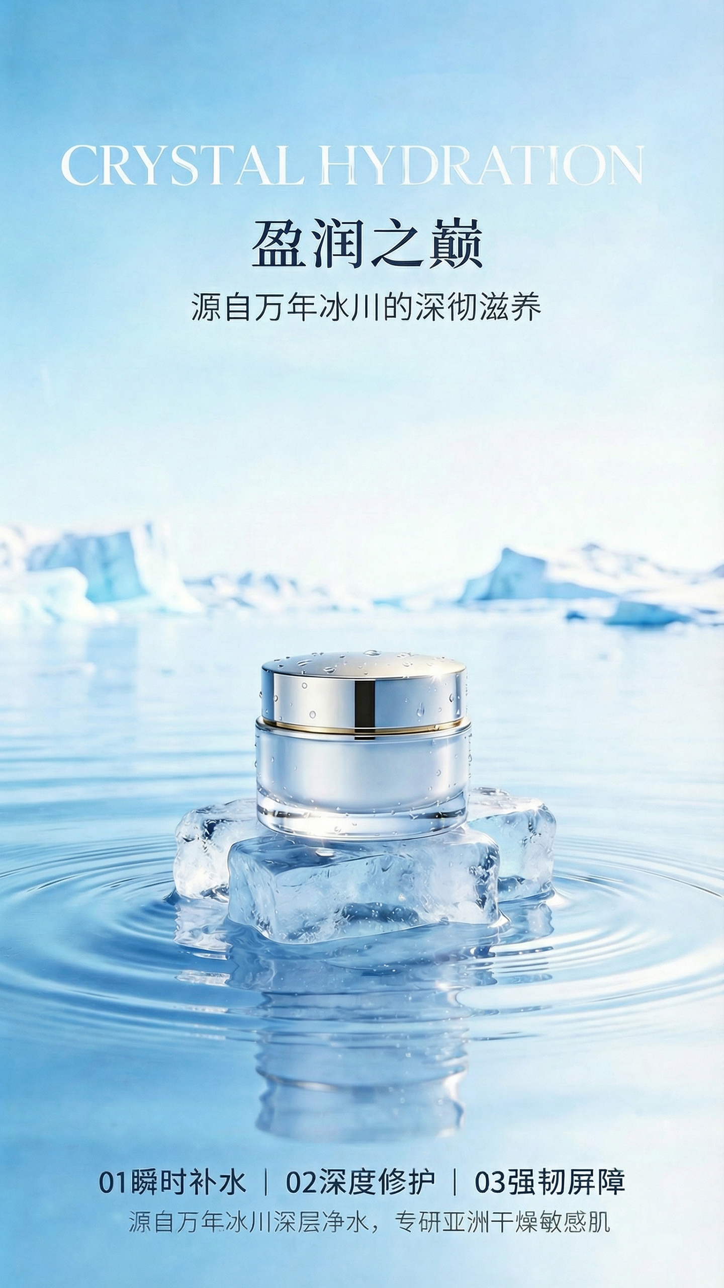 冰川水补水面霜产品卖点介绍海报