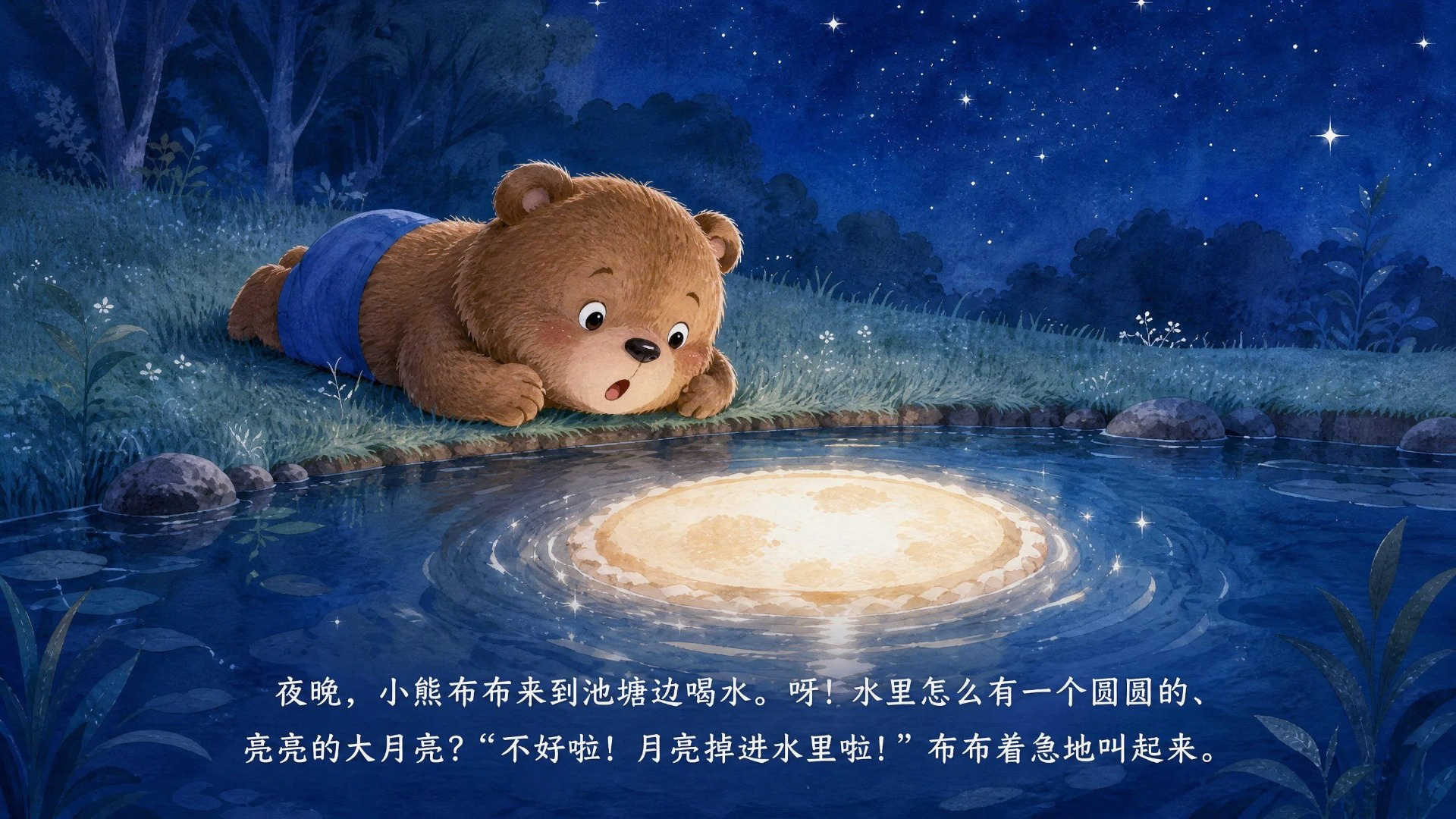 小熊找月亮绘本-02发现水中月亮